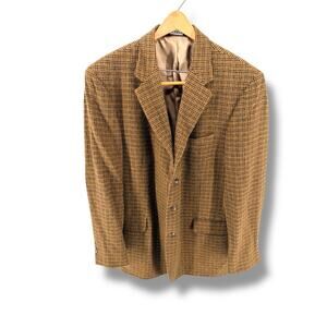 Jos A Bank 100% Camel Hair Sport Coat 44XL Houndstooth Tan Navy Blazer 3-Button